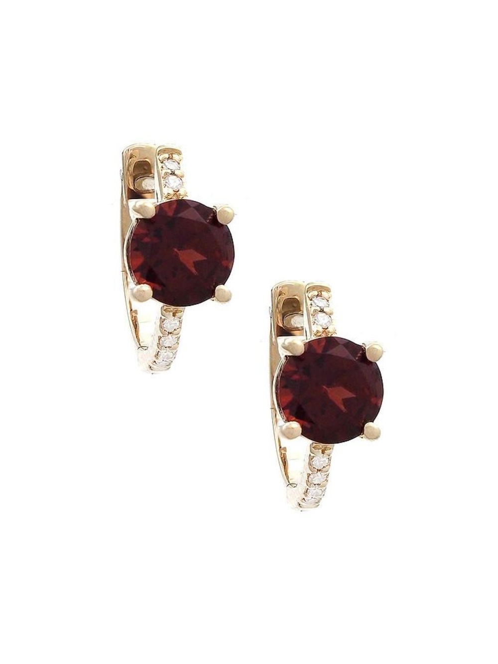 14K Real Solid Yellow Gold Natural Garnet & Diamond Hoop Earring 5x11mm